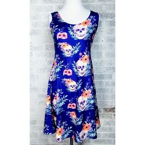 Cow Cow Skulls and Flowers Womens Blue Poly Dress
